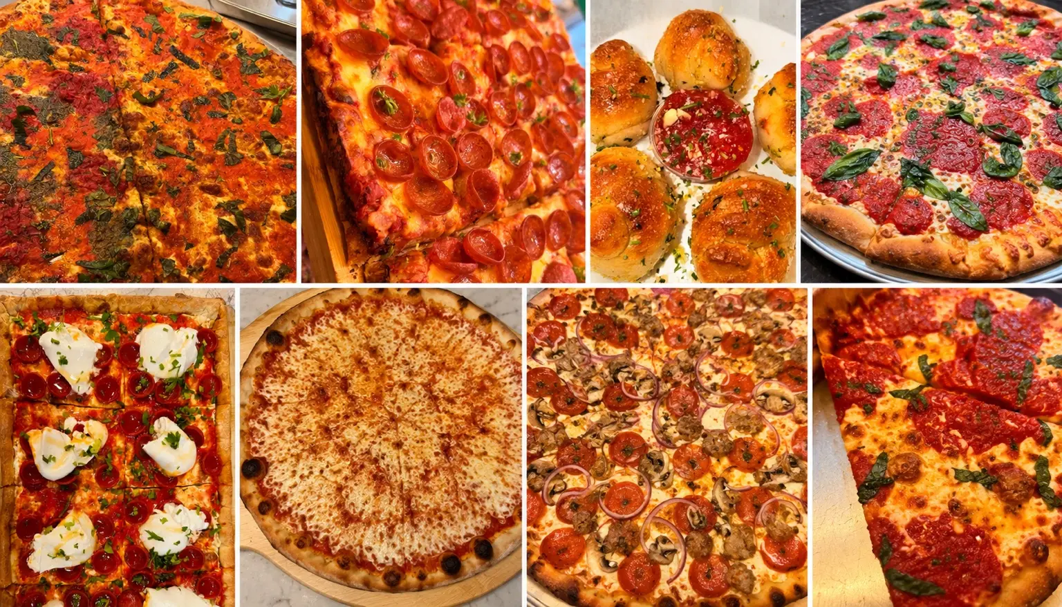 A collage of La Bianca pizzas, slices, and garlic knots