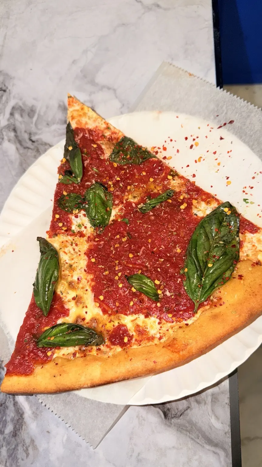 A saucy basil-topped New York slice
